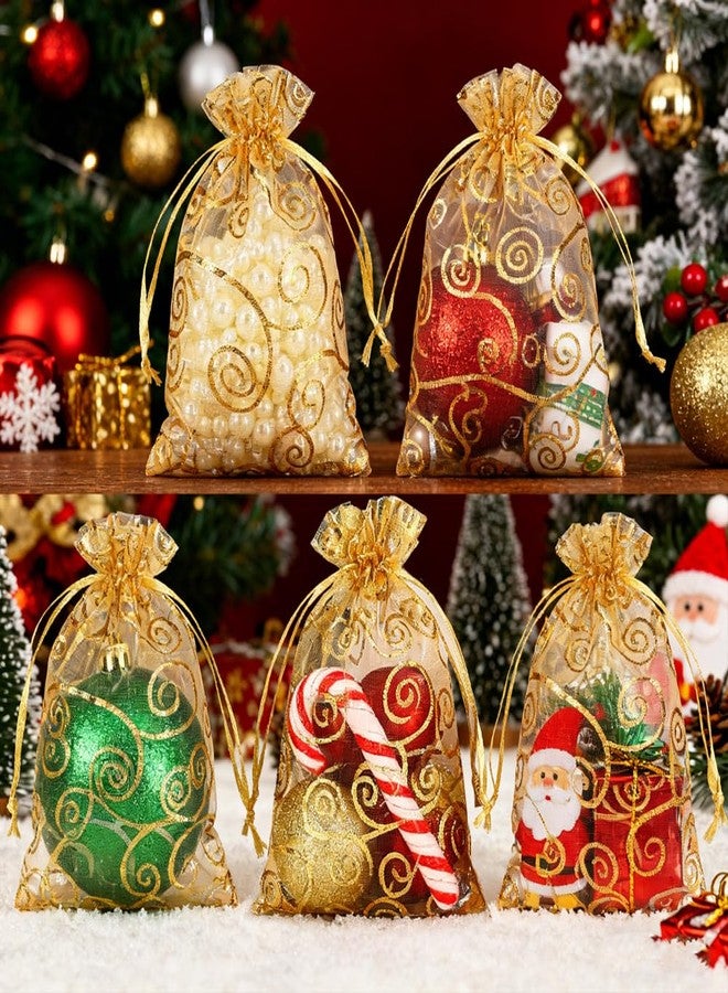 WSepascI Organza Gift Bags, 50Pcs Gold Sheer Organza Bags, 4 × 6 Inch Mesh Drawstring Bag, Rattan Printed Jewelry Gift Pouches Candy Bag for Valentines Wedding Couple Shower Birthday Christmas Party Favors - Image 5
